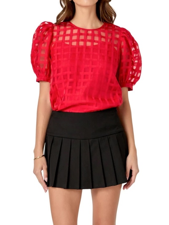 English Factory Tops - NWT English Factory Puff Sleeve Sheer Plaid Blouse
